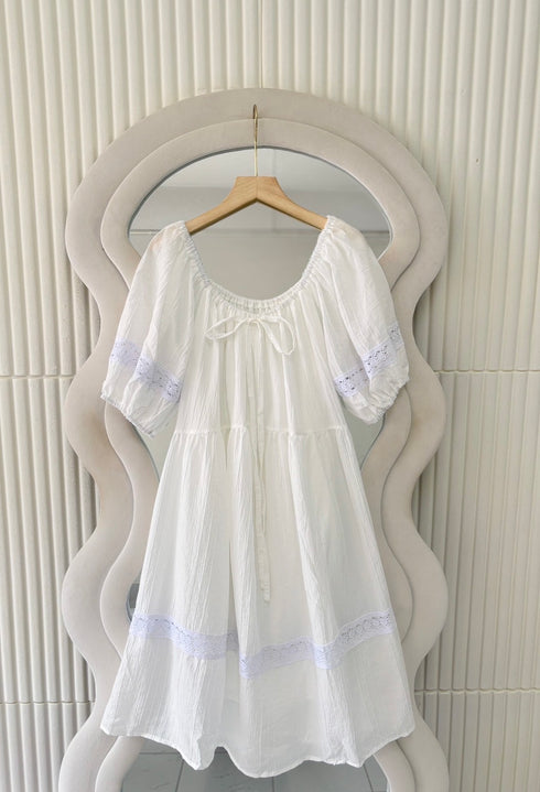 Women Puff Sleeves Mini Dress With Lace Trim